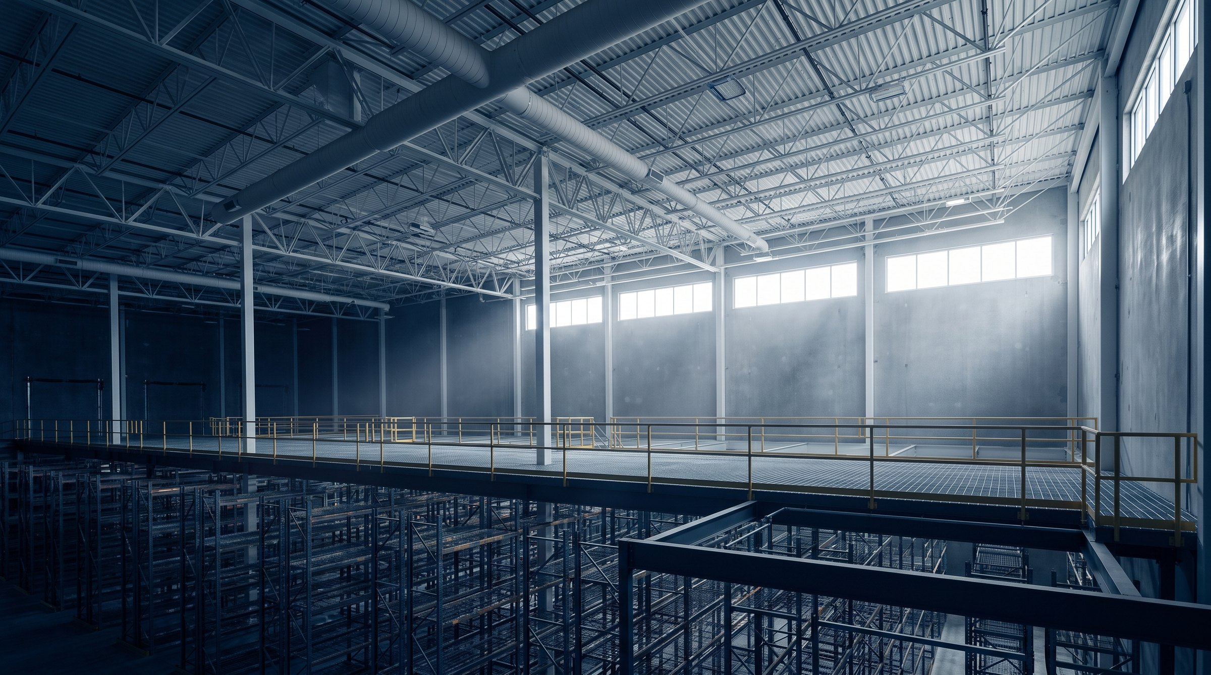 Warehouse interior with tall unused volume above the pallet racking